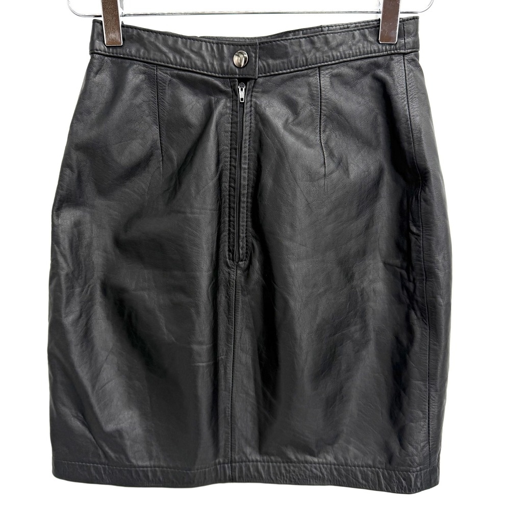 Byrnes & Baker Leather Mini Skirt High Waisted Size 4 Black Biker Goth Edgy Chic - Picture 2 of 11